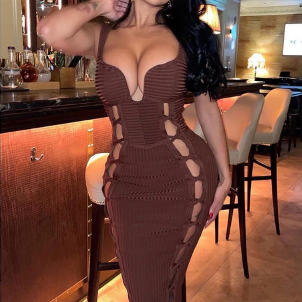 Fashion Nova Brown Ribbed Cutout Midi Dress